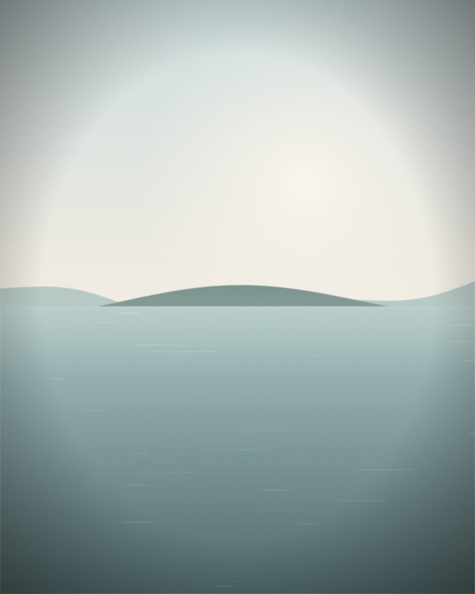 Morning light over a calm sea and low hills