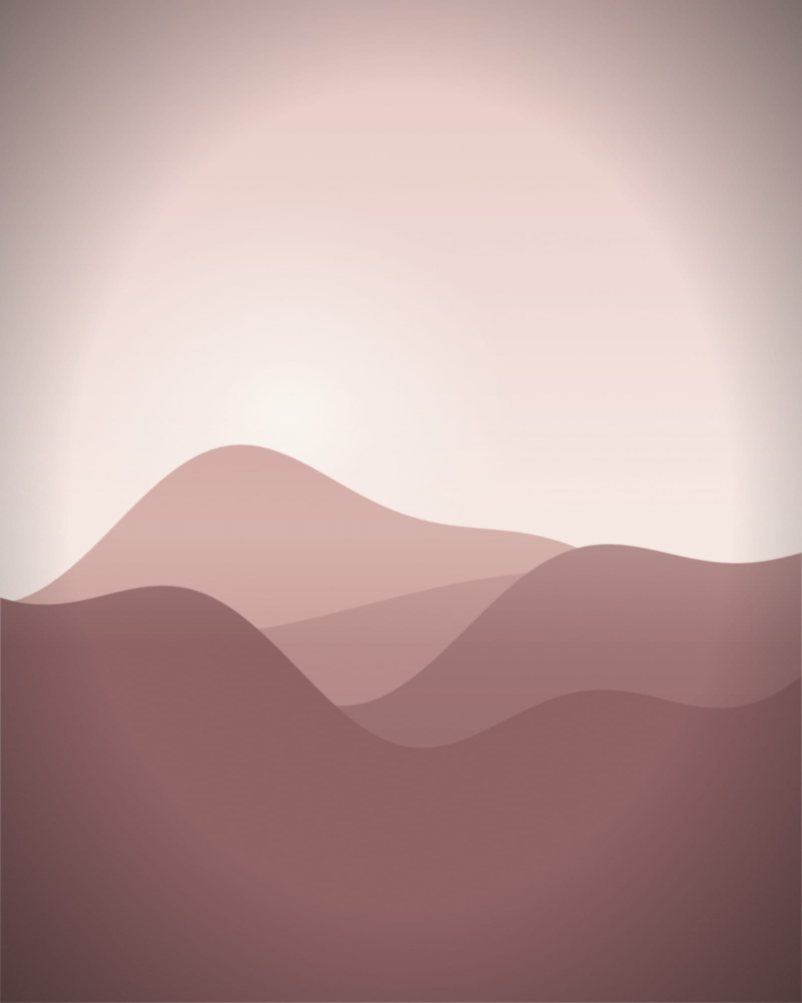 Pale pink light over still water and low hills