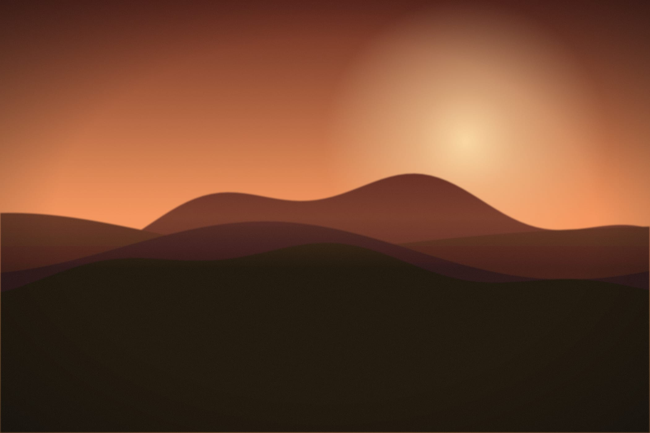A cream sky over soft green hills